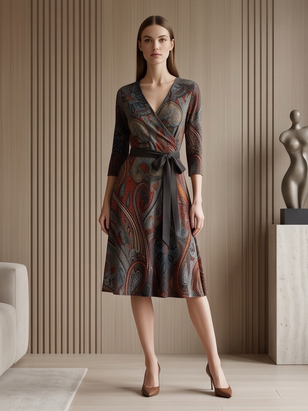 Frank Lyman Paisley Faux Wrap Midi Dress Size 8 | Made in Canada - Like New